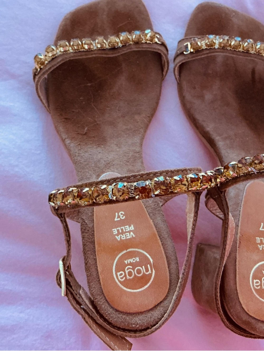 leather suede brown sandals with crystal stones size 7 - Picture 9 of 9